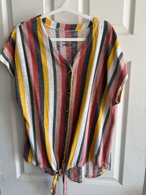 bobbiebrooks Striped Button-Front Tie-Hem Blouse in Mustard, Rust & Green